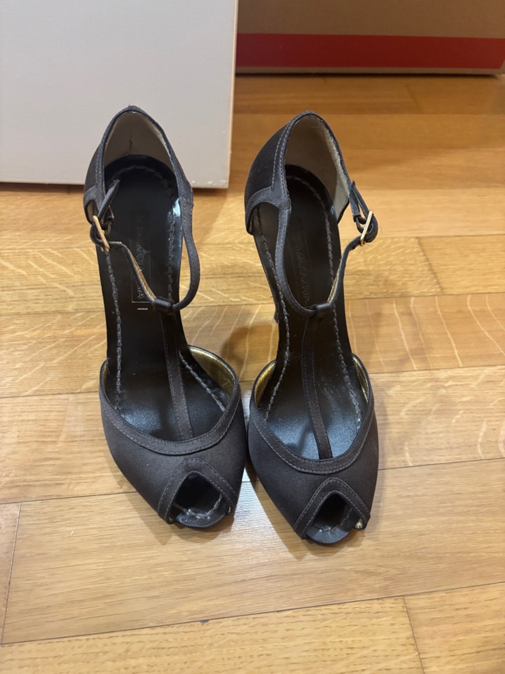 BCBGMaxAzria Black T-Strap Peep-Toe Satin Heels